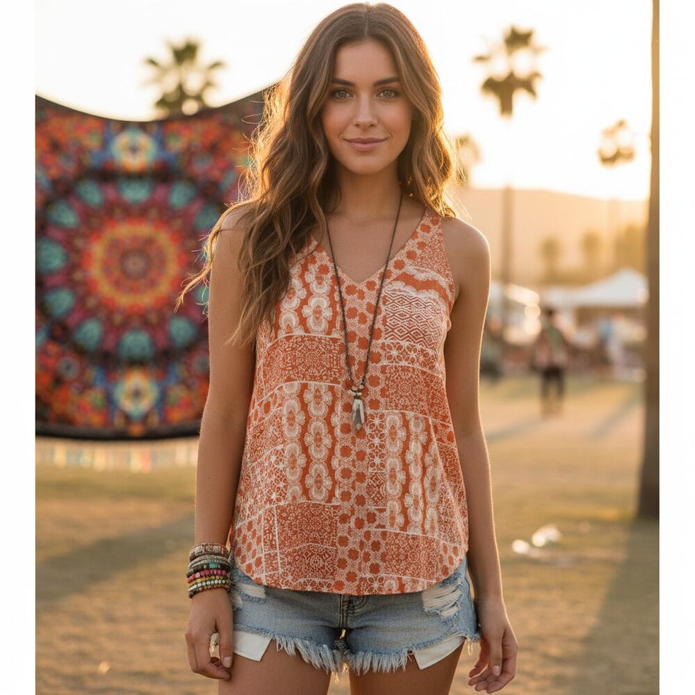 Rose & Olive Fall Orange Patchwork Rayon Tank Asymmetrical Hem Medium